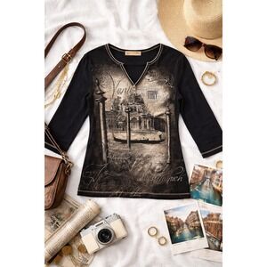 Y2K Blue Canyon Venice Italy Graphic Top Womens Large Black Euro Vacation